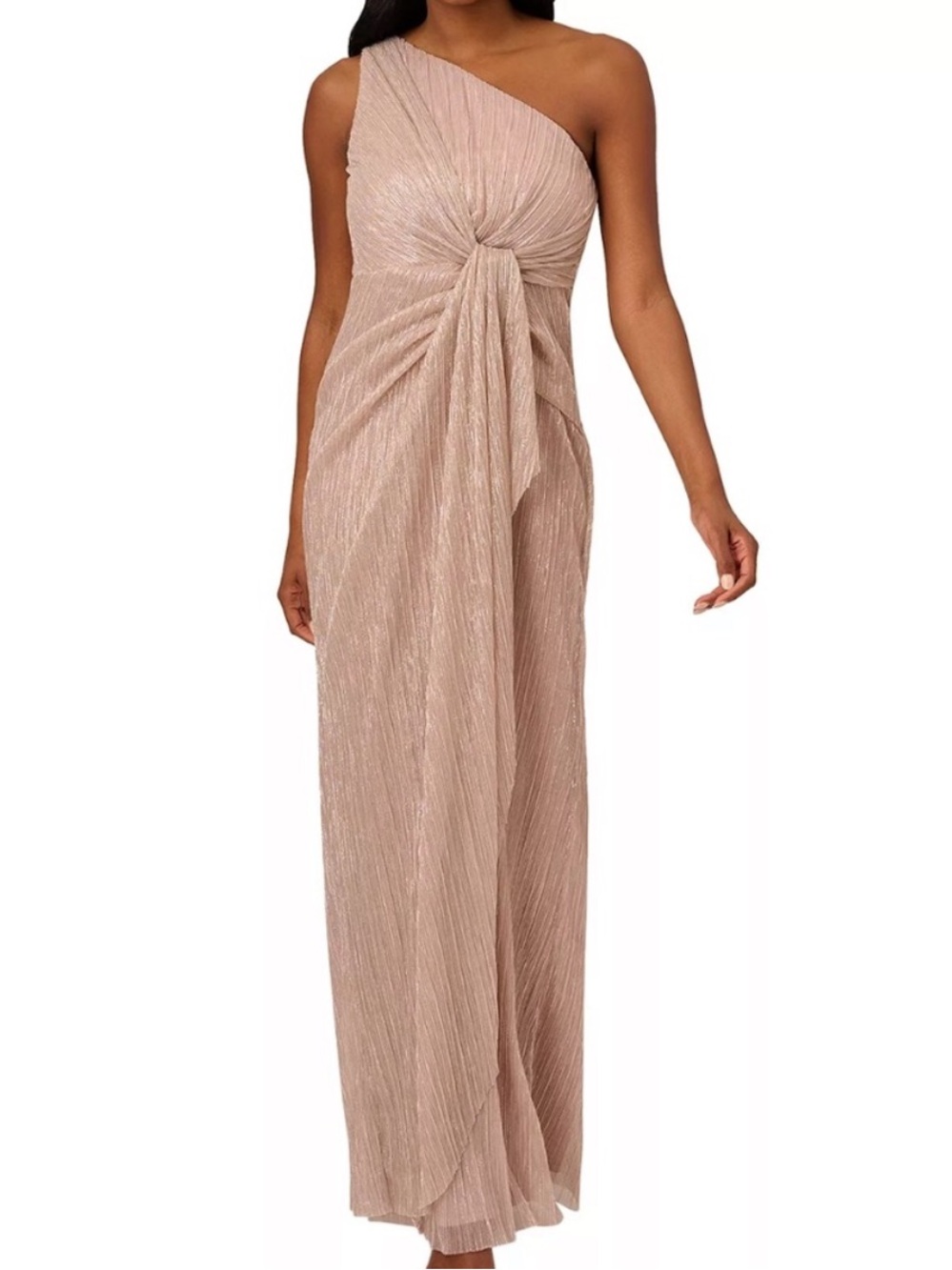 Adrianna Papell Stardust Pleated One-Shoulder Rose Shimmer Evening Gown